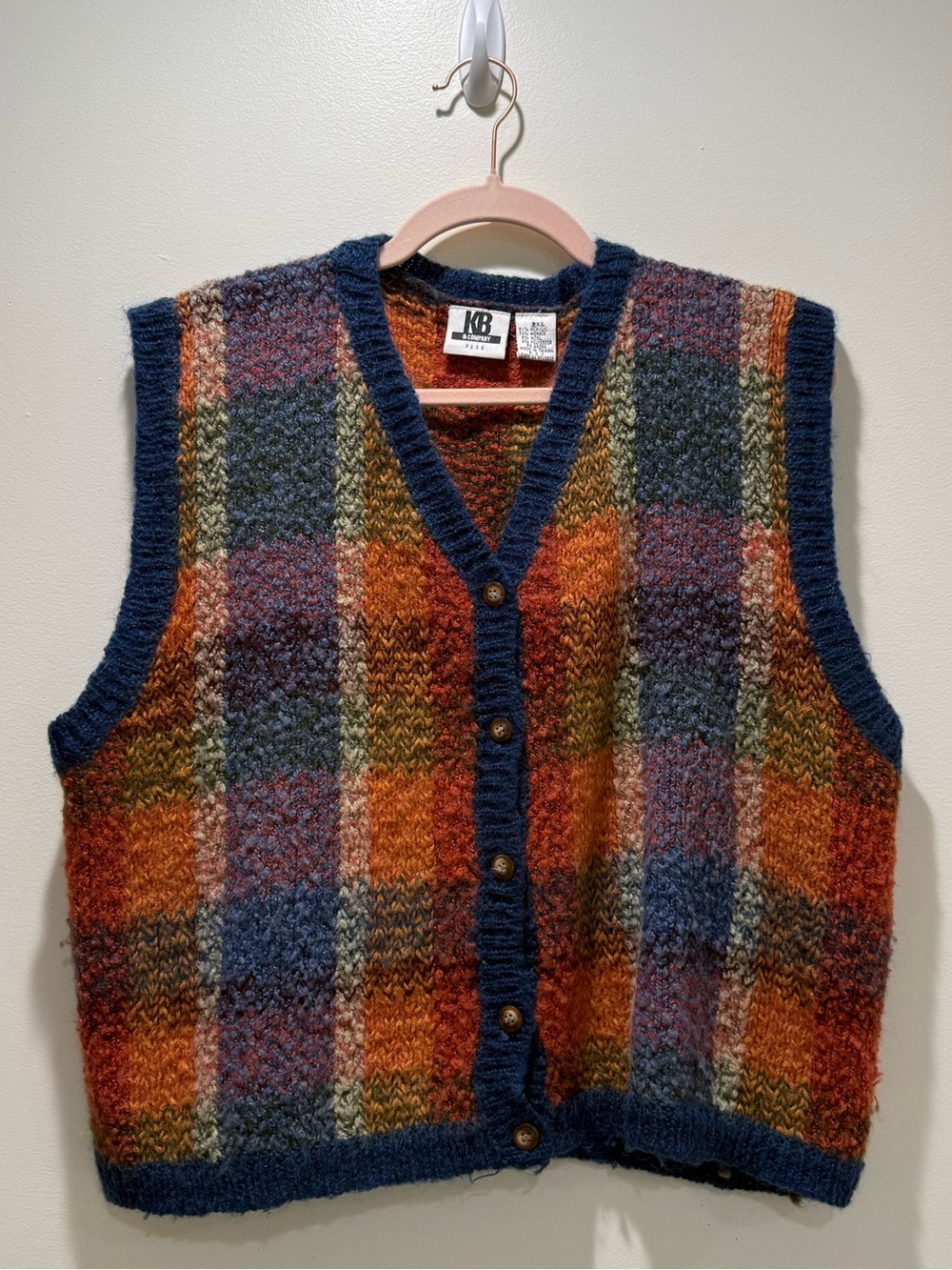 Multicolor Plaid Mohair & Wool Blend Oversized Sweater Vest - Blue Trim